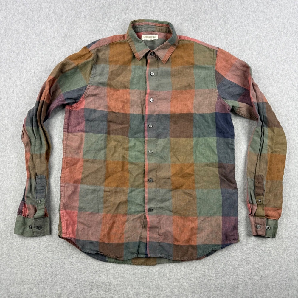 Vintage Banana Republic Shirt Mens Medium Plaid 100% Linen Long Sleeve Button Up